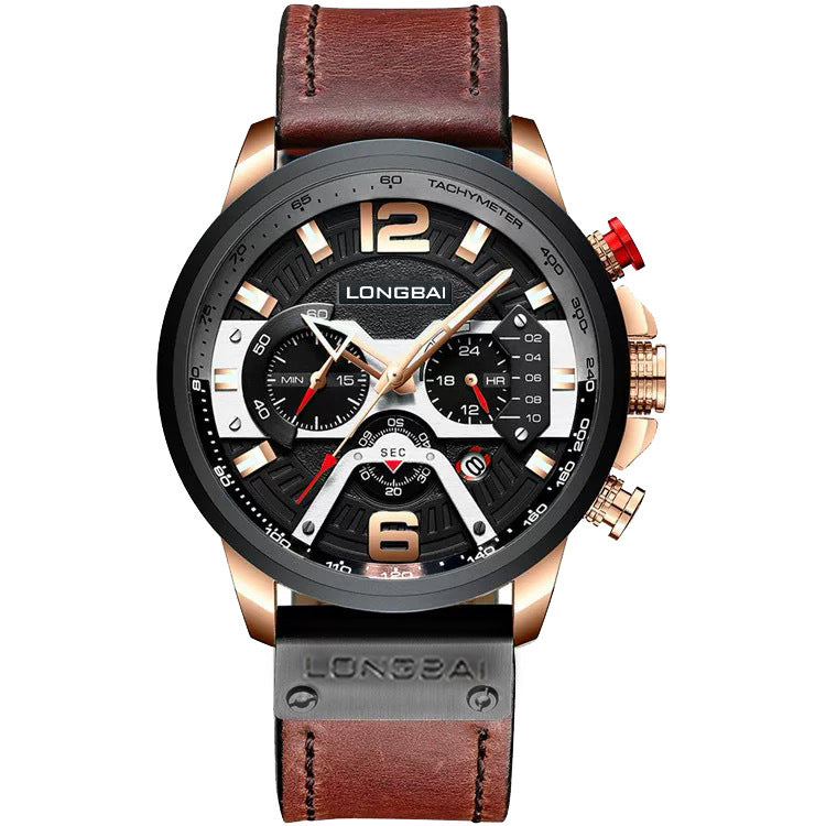 Men's Watch Trendy Business Sports Waterproof Multifunctional Calendar Large Dial Leather Strap Six-Hand Quartz Watch