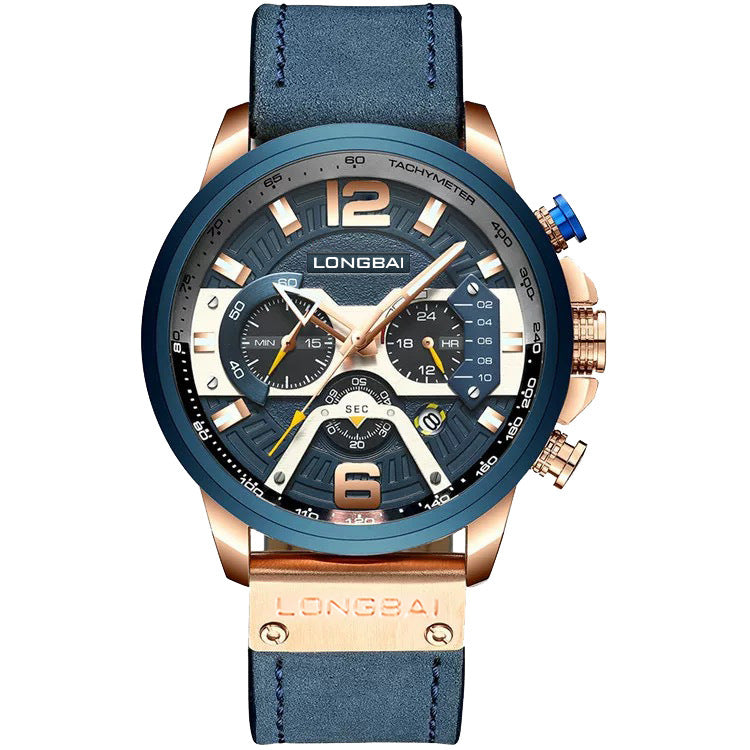 Men's Watch Trendy Business Sports Waterproof Multifunctional Calendar Large Dial Leather Strap Six-Hand Quartz Watch
