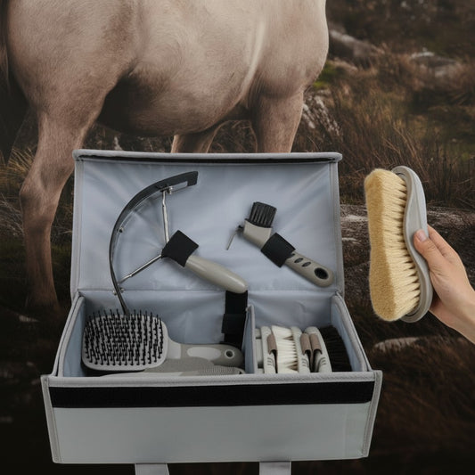 Complete Horse Grooming Brush Set | Horse Sweat Scraper, Hoof Pick, Mane Tail Comb, Bath Sponge, Equine Care Tools with Carry Case