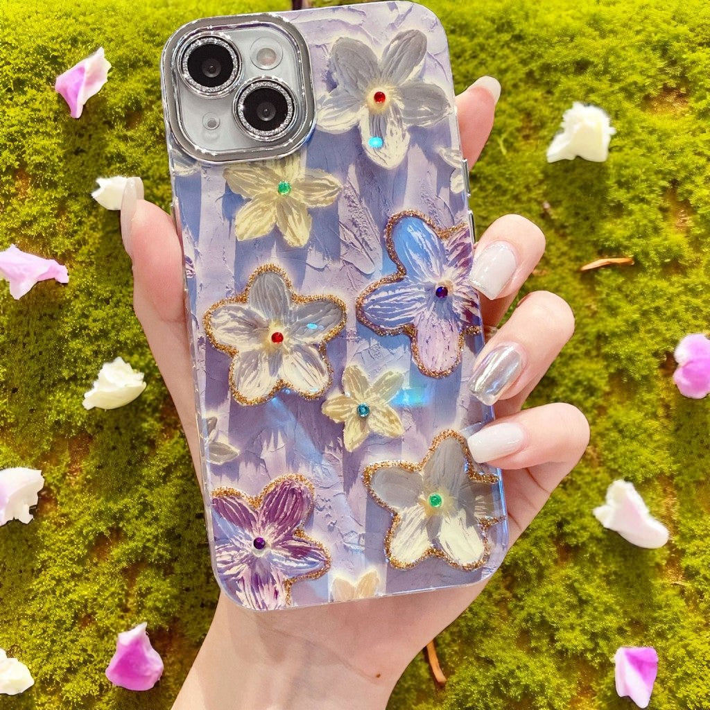 Applicable iphone15/14/13/12Mobile Phone Case Flower Rhinestone Oil Painting Wind Shockproof Heat Dissipation Anti-abrasion Anti-drop Anti-fingerprint Phone Case