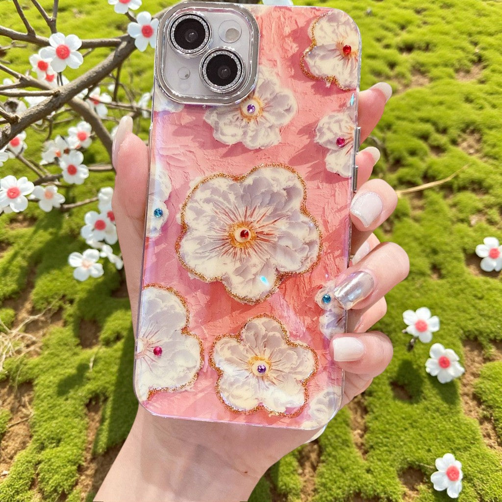 Applicable iphone15/14/13/12Mobile Phone Case Flower Rhinestone Oil Painting Wind Shockproof Heat Dissipation Anti-abrasion Anti-drop Anti-fingerprint Phone Case