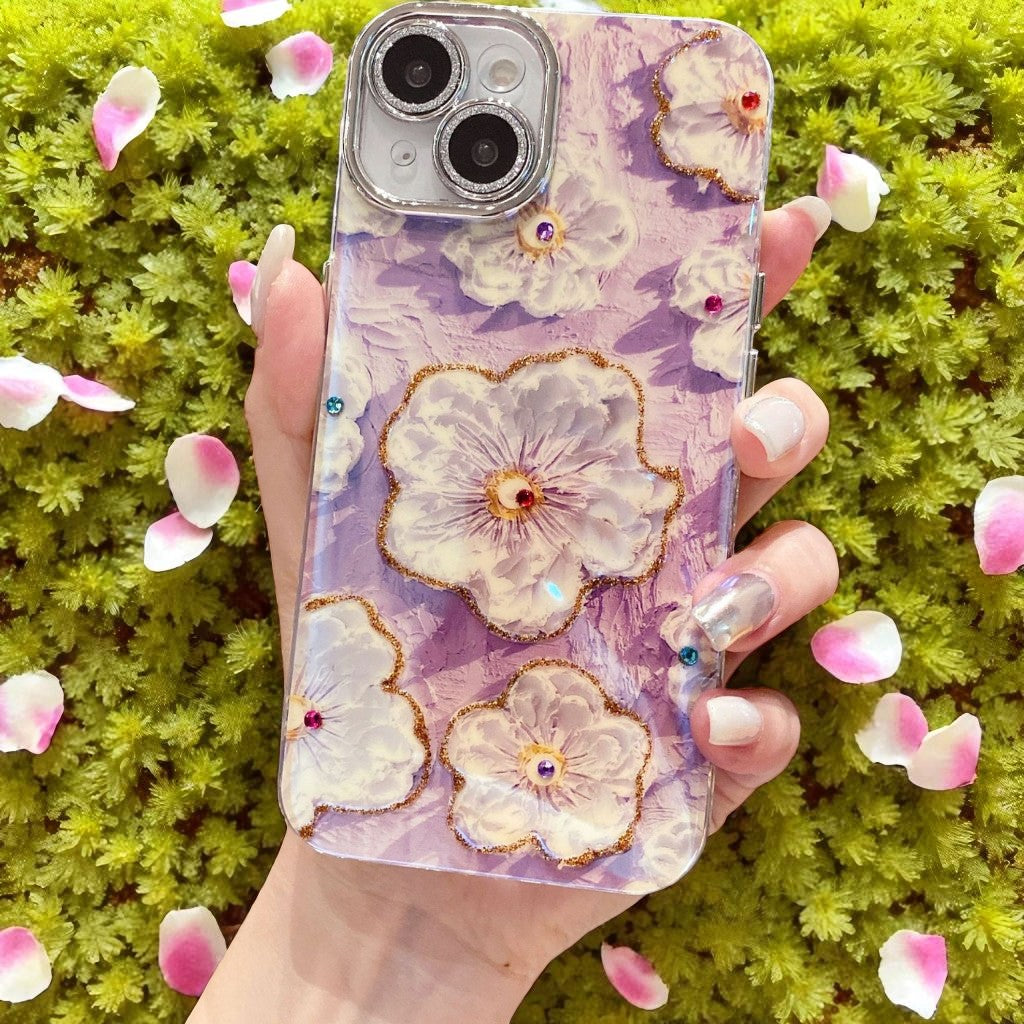Applicable iphone15/14/13/12Mobile Phone Case Flower Rhinestone Oil Painting Wind Shockproof Heat Dissipation Anti-abrasion Anti-drop Anti-fingerprint Phone Case