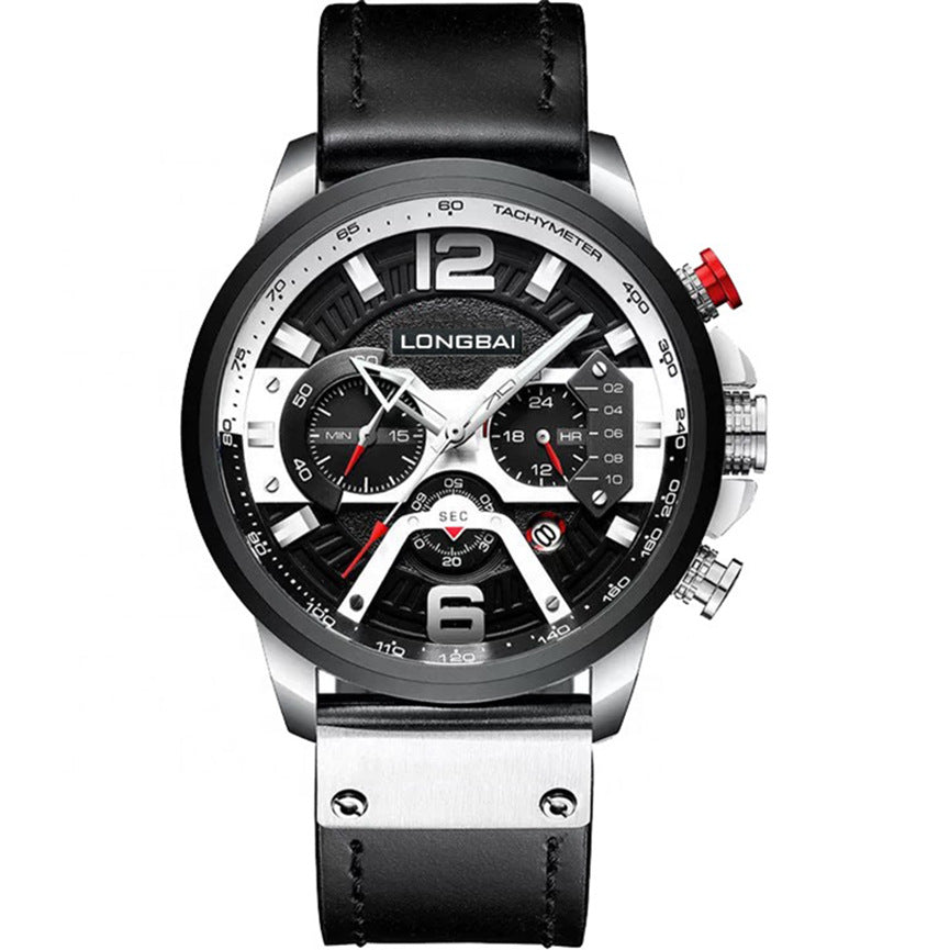 Men's Watch Trendy Business Sports Waterproof Multifunctional Calendar Large Dial Leather Strap Six-Hand Quartz Watch
