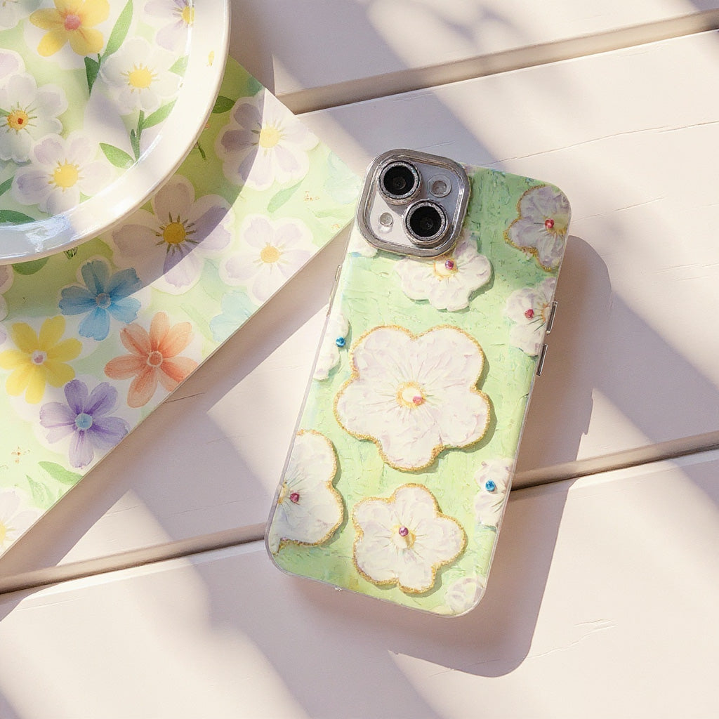 Applicable iphone15/14/13/12Mobile Phone Case Flower Rhinestone Oil Painting Wind Shockproof Heat Dissipation Anti-abrasion Anti-drop Anti-fingerprint Phone Case